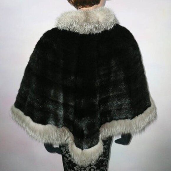 MINT cond GENUINE fully let out SAGA black MINK FUR cape with pastel FOX trim - Picture 10 of 10
